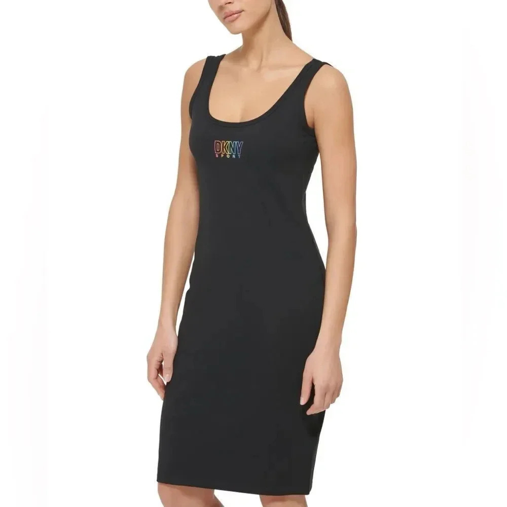 DKNY Black Tank Midi Dress with Rainbow Logo NWT